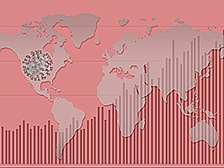 Graphic of world map with COVID image overlay