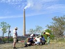 Students examining an outcrop of Sudbury breccia.