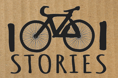 Text saying 1001 stories, where the 0s are part of a bicycle.