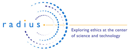 The word radius intercepting 5 concentric circles made of dots. A yellow line extends from a yellow dot at the center of the circle and accents the words: “Exploring ethics at the center of science and technology.” 