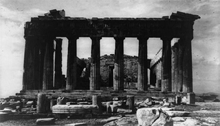 A black and white photograph of the Acropolis, Parthenon, east side, Athens, Greece.