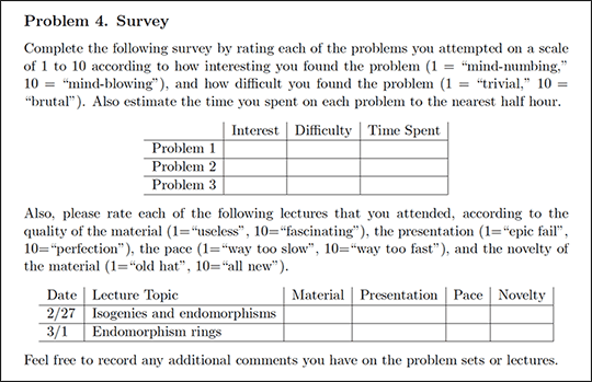 Sample survey gauging student intetest, level of difficulty, and time spent on the problems in the first assignment.