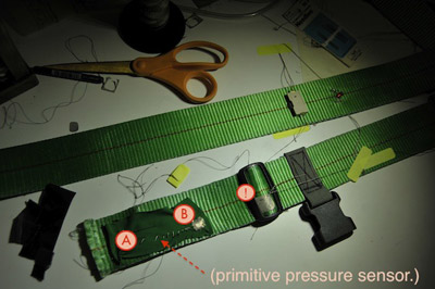 Photo showing the pressure sensor on the end of the belt, with points ‘A’, ‘B’, and ‘!’.