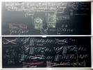 Neutron diffusion related equations and graphs on two blackboards.